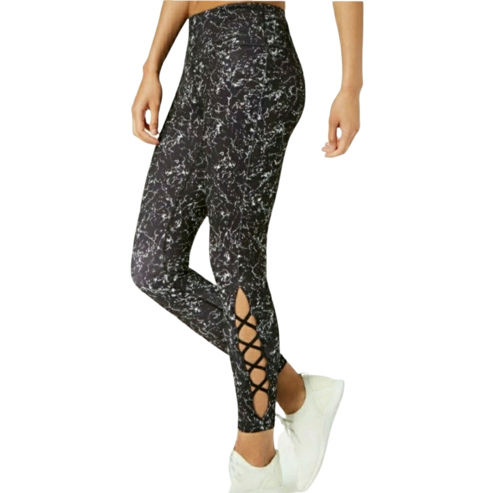 Ideology Black & White Leggings With Lattice Detail Size Small NWT